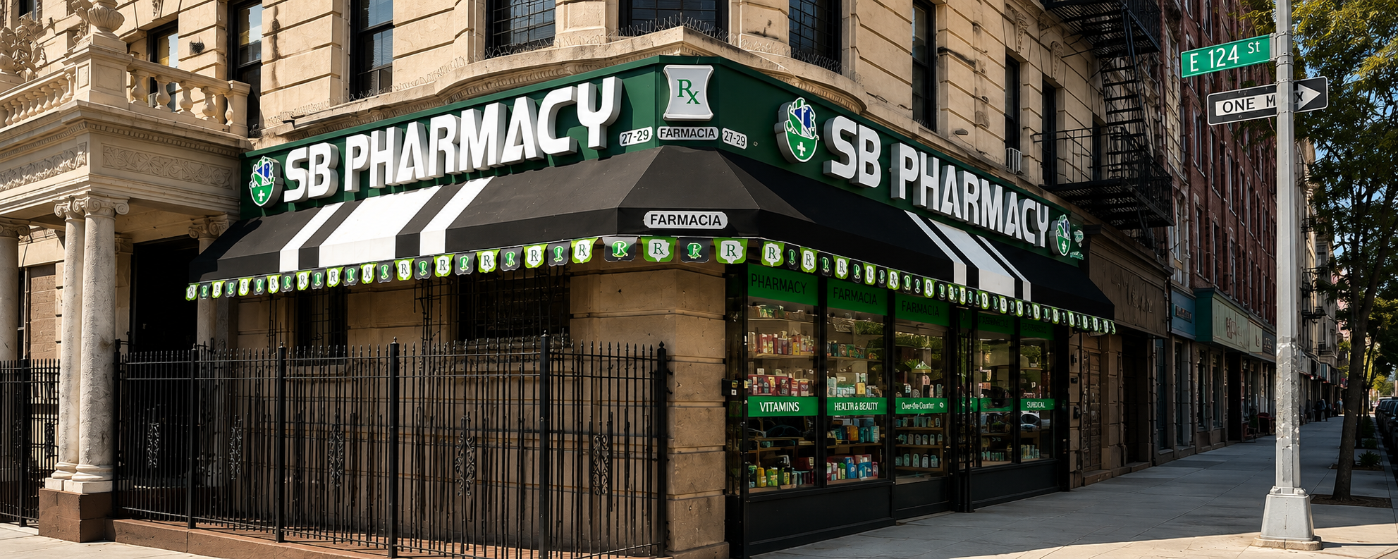 SB Pharmacy storefront in Harlem, New York City